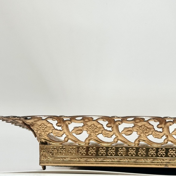 Vintage Gold Ornate Filigree Vanity Mirror Tray with Floral Border - Picture 4 of 15